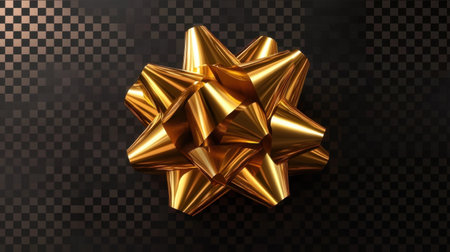 A stunning golden decorative bow rests on a dark checkered background, perfect for enhancing gifts during celebrations and holidays, showcasing elegance.の素材
