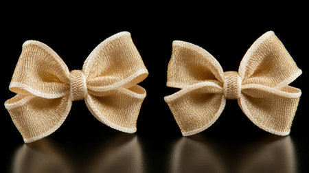 This image features an elegant pair of golden fabric bows showcased against a striking black background. Ideal for various decorative and fashion-related projects.の素材