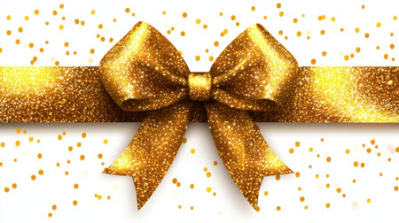 This image features a dazzling golden bow adorned with sparkling glitter, perfect for enhancing gifts, celebrations, and festive occasions with elegance.の素材