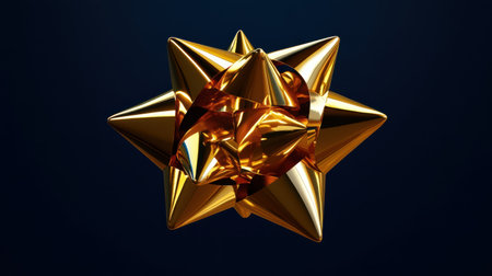 An elegant shiny golden bow, crafted with reflective surfaces, stands out against a dark background, perfect for festive gift wrapping and celebrations.の素材