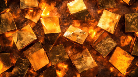 Capture the essence of prosperity with this stunning image featuring shimmering gold bars against a warm, fiery backdrop. Ideal for finance and luxury themes.の素材