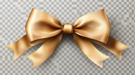 This image features an elegant golden satin bow with flowing tails set against a transparent checkered background, ideal for decorations or crafting projects.の素材