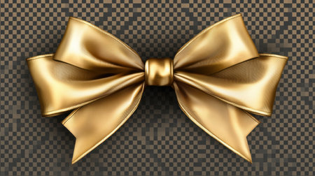 An elegant golden ribbon bow set against a textured background, perfect for enhancing gift wrapping, crafts, and decorative projects. The shiny finish adds a touch of luxury.の素材