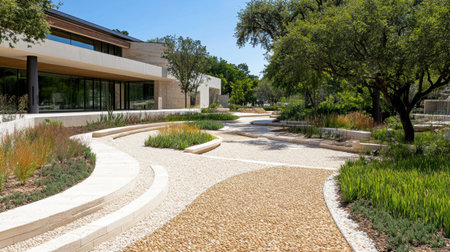 A stunning landscape featuring winding pathways and vibrant greenery adjacent to contemporary architecture, creating a peaceful and inviting outdoor space.の素材