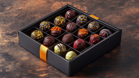 A beautifully arranged assortment of gourmet chocolate truffles in a stylish black box, perfect for gifts or special occasions. Each piece features vibrant decorations.の素材