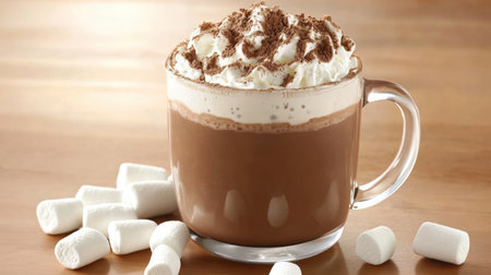 A cozy mug of hot chocolate, topped generously with whipped cream and chocolate shavings, accompanied by fluffy marshmallows on a wooden table.の素材