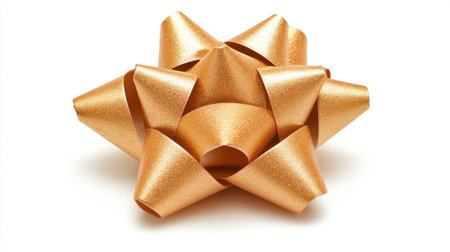 This elegant golden gift bow sits beautifully on a clean white background, perfect for enhancing holiday presents and celebrations. Its shiny finish adds a festive touch.の素材