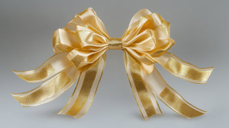 This stunning gold bow features a mix of satin and sheer ribbons, making it an ideal choice for enhancing gifts or event decorations with elegance and style.の素材