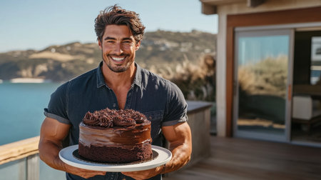 A joyful man stands outdoors, smiling while holding a luxurious chocolate cake on a plate. The scenic waterfront and hills create a beautiful backdrop.の素材