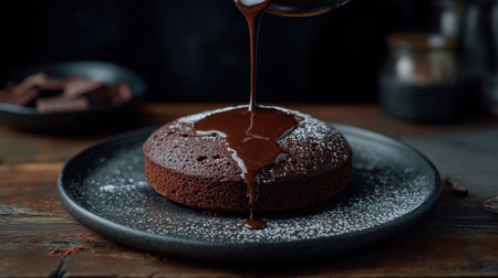 A beautifully plated chocolate cake topped with a smooth drizzle of rich ganache, creating an inviting and indulgent dessert experience.の素材
