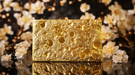 A luxurious gold block rests on a reflective surface, surrounded by delicate flowers, creating a captivating scene of elegance and artistic beauty.の素材