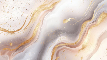 This stunning abstract marble texture features graceful waves in soft shades of pink, gray, and white, intertwined with golden accents, perfect for stylish design.の素材