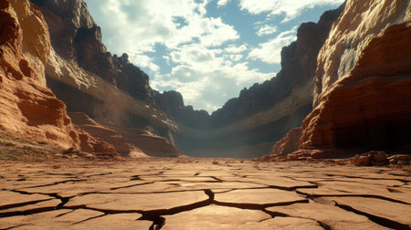 A breathtaking view of an eroded canyon landscape showcasing cracked earth, towering cliffs, and a dramatic sky filled with soft clouds during golden hour.の素材