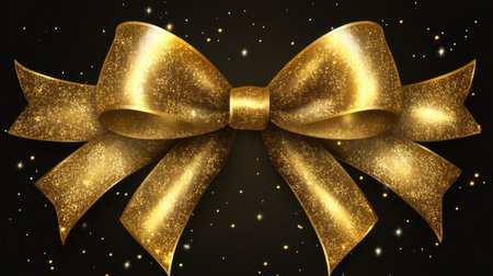 This captivating image features a luxurious golden bow adorned with sparkles, set against a dark background, perfect for festive celebrations and gift wrapping.の素材