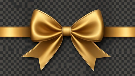 A stunning golden ribbon bow set against a transparent background, perfect for enhancing gift wrapping and decoration, expressing elegance and celebration.の素材
