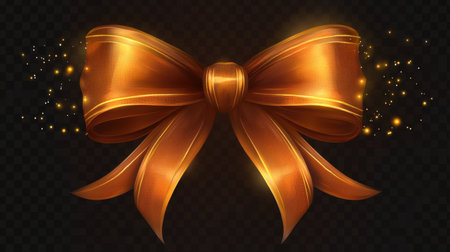 This elegant golden bow on a dark background features sparkling elements, perfect for gift decoration, celebrations, and festive occasions.の素材