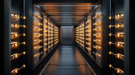 This image depicts a high-tech server room featuring bright lighting and organized rows of servers, showcasing an advanced data center environment.の素材