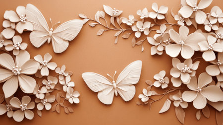This charming paper art piece features intricately crafted butterflies and flowers in soft neutral tones, showcasing a beautiful balance of nature and artistry.の素材