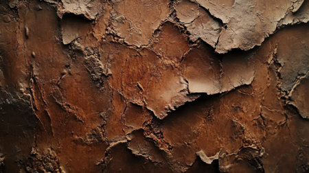 Detailed close-up of a weathered brown surface revealing peeling layers and cracks, perfect for artistic backgrounds or design projects that require texture.の素材