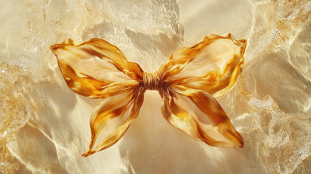 A stunning silk ribbon bow in hues of golden yellow floats gracefully on the water surface, radiating elegance and warmth. Perfect for artistic projects.の素材