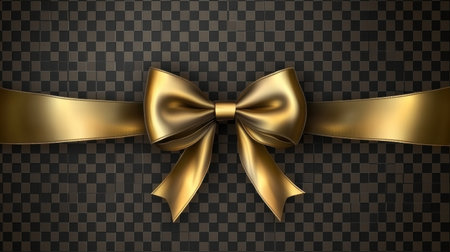 A beautifully designed golden bow and ribbon set against a dark checkerboard background, perfect for celebrating special occasions or wrapping gifts.の素材