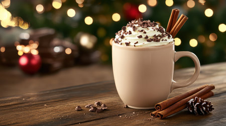 A comforting cup of hot chocolate topped with whipped cream, chocolate shavings, and cinnamon sticks, set against a festive backdrop of holiday lights.の素材