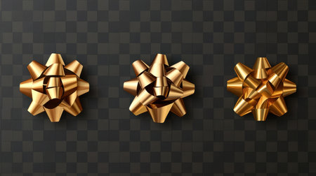 This image features three elegant golden gift bows set against a black checkerboard background, ideal for holiday decorations, party themes, and festive celebrations.の素材