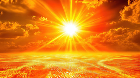 Experience a breathtaking scene of a vibrant sunset illuminating the ocean's surface, showcasing radiant sunlight and dramatic clouds. Perfect for nature enthusiasts.の素材