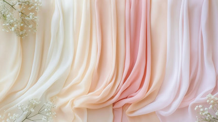 A captivating arrangement of soft, flowing fabrics in pastel shades accompanied by delicate floral accents, perfect for backgrounds and textile design.の素材