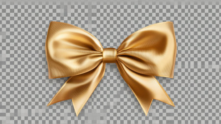 This image features an elegant golden satin bow isolated on a transparent background, perfect for enhancing gift wrapping and festive decorations.の素材