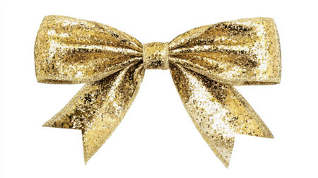This stunning glittering gold bow adds elegance and flair to any gift or decoration. Perfect for festive celebrations, parties, or creative artwork.の素材
