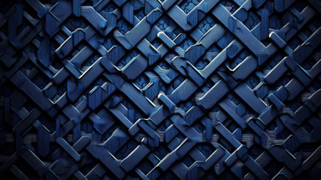 This abstract artwork features an intricate geometric pattern in various shades of blue, showcasing interwoven shapes that create depth and texture.の素材
