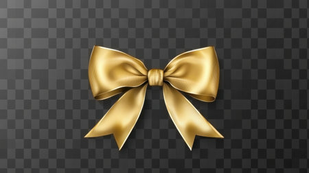This elegant golden ribbon bow features a beautiful, shiny texture on a transparent background, perfect for use in festive decorations and gift presentations.の素材