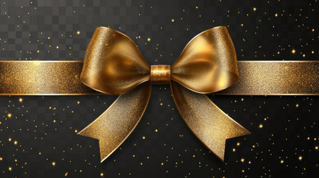 This image features an elegant gold bow and ribbon against a sparkling background, perfect for festive occasions, celebrations, or gift wrapping.の素材