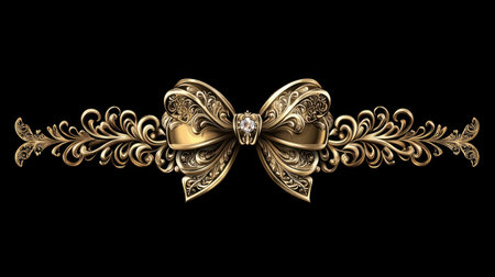 This stunning image features a beautifully designed golden bow adorned with intricate swirls and decorative elements, set against a rich black background.の素材