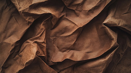 A close-up view of dark brown crumpled fabric showcases rich textures and intricate details, perfect for use in creative projects and background settings.の素材