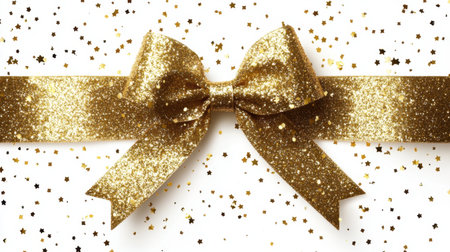This stunning image features a golden sparkle bow adorned with glitter and stars, set against a pristine white background, perfect for celebrations.の素材