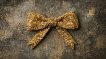 This image features a rustic burlap bow laid flat on a textured background, ideal for creative decoration and craft projects, adding a natural touch.の素材