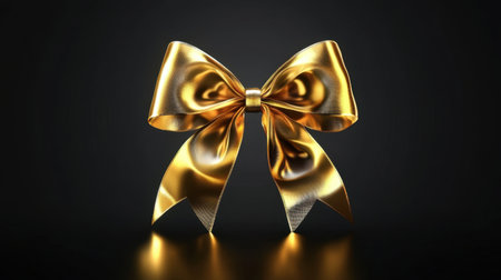 Stunning gold satin gift bow isolated on a dark background, perfect for showcasing elegance and luxury in various decoration themes and festive occasions.の素材
