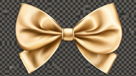 This image features an elegant gold ribbon bow with a soft, smooth texture set against a transparent background. Ideal for festive decorations, gift wrapping, and craft projects.の素材