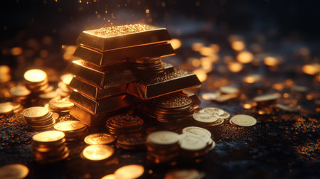 This captivating image displays a stacked arrangement of gleaming gold bars surrounded by various coins, emphasizing themes of wealth and prosperity in a sophisticated setting.の素材