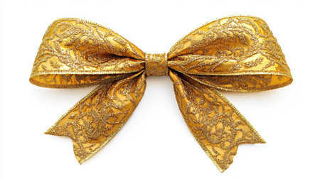 This beautiful golden bow features intricate patterns and a luxurious sheen, perfect for adding an elegant touch to any festive occasion or gift.の素材