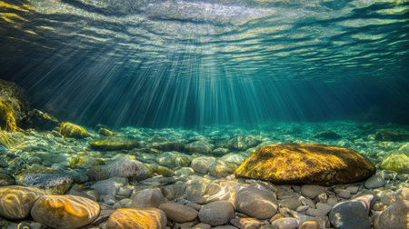 Explore this stunning underwater scene showcasing sunlight beams piercing through clear water, illuminating smooth rocks and pebbles below.の素材