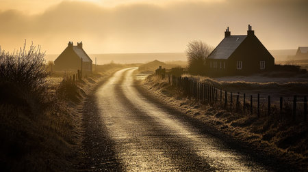 A peaceful country road winding through a soft, foggy landscape at dawn, flanked by quiet houses, evoking a sense of tranquility and solitude.の素材
