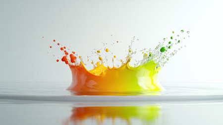 A stunning splash of vibrant yellow, green, and orange liquid creates a mesmerizing effect against a clean white background, evoking energy and creativity.の素材