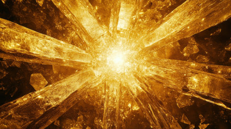 A stunning abstract representation of a radiant crystal explosion filled with golden light, dynamic shards, and vibrant energy radiating outward.の素材