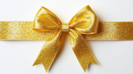 A stunning golden bow made from glittery ribbon rests on a clean white background, ideal for enhancing gift presentations and festive decorations.の素材