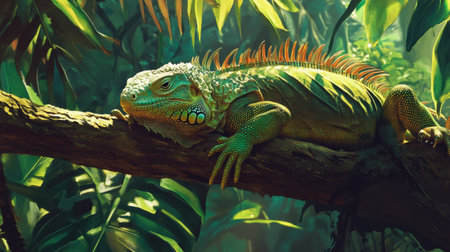 A colorful iguana rests gracefully on a tree branch in a tropical rainforest, showcasing vibrant greens and intricate textures among lush foliage.の素材