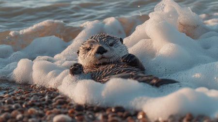 A charming sea otter enjoys a moment of relaxation along a rocky shoreline, surrounded by foamy waves and sparkling sunlight. This serene scene captures the playful nature of this adorable marine mammal in its natural habitat.の素材