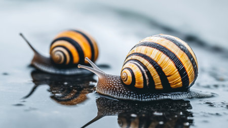This image captures two colorful snails moving slowly across a wet surface, showcasing their intricate shells and reflections in a serene setting.の素材